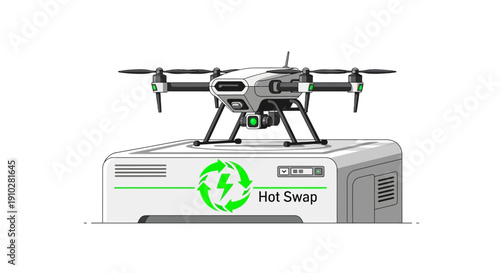 Drone Resting on a Hot Swap Battery Charging Station - Vector Illustration of UAV Technology and Quick Power Exchange