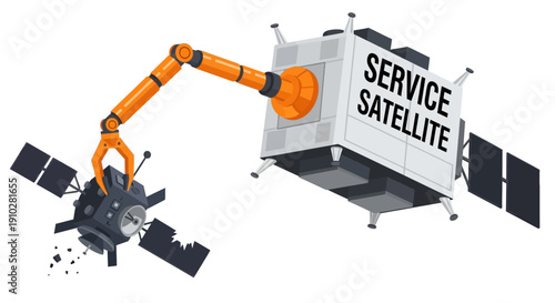 In-orbit servicing satellite uses a robotic arm to capture and remove space debris or a defunct, damaged satellite.