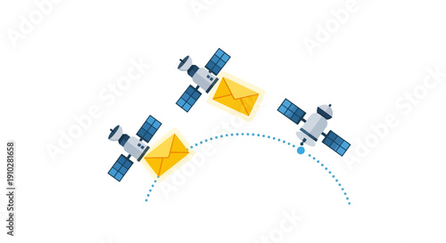 Global email transfer concept illustration using orbiting satellites and wireless data transmission technology in space. Worldwide digital mailing and communication network infrastructure.