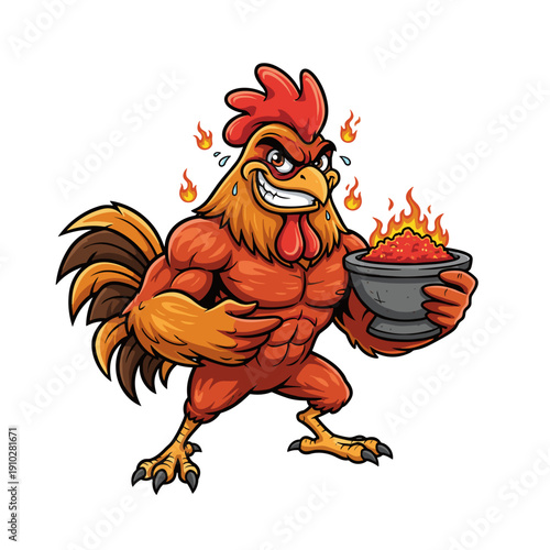 Vigorously muscular cartoon rooster, clenching a bowl of blazing hot chili, portrays extreme spice and power with an intense, sweat-dripping expression