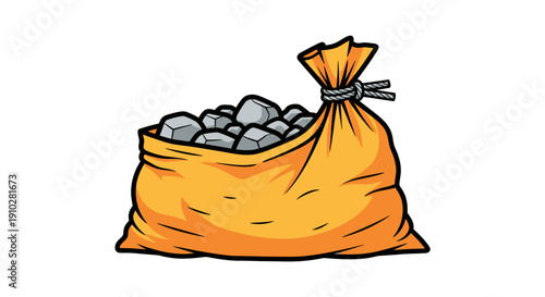 Cartoon Vector Illustration of a Burlap Sack Filled with Rocks, Coal, or Ore, Representing Raw Materials, Mining, or Construction Industry Supply
