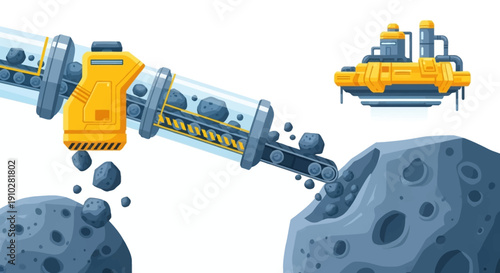 Asteroid Mining Concept: Futuristic Conveyor System Transporting Resources and Rocks for Space Resource Extraction and Industrial Processing