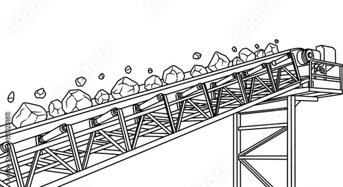 Line drawing of an industrial conveyor belt system transporting rocks uphill.