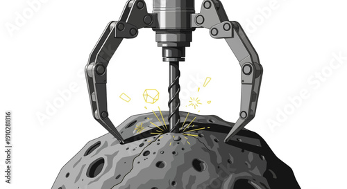 Asteroid Mining Illustration: Advanced robotic arm and drill extracting resources and minerals from a large space rock, symbolizing futuristic technology and industrial exploration.