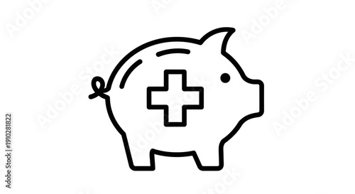 Line art illustration of a piggy bank with a medical cross symbol, representing healthcare savings and financial planning.