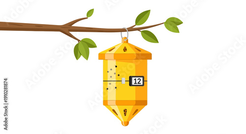 Yellow Pheromone Insect Trap Hanging on Tree Branch. Scientific Pest Monitoring Device and Insect Counting System for Agriculture and Ecology.