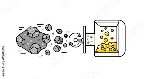 Asteroid Mining Process Vector Illustration. Futuristic concept of deep space resource extraction technology converting ore into valuable gold or minerals.