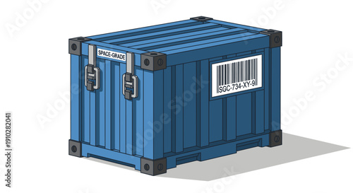 Space-Grade Cargo Container Illustration. Blue Industrial Shipping Crate with Barcode Label Isolated on White Background for Logistics and Supply Chain Concepts.