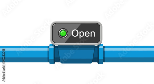 Industrial Blue Pipeline with 'Open' Status Control Valve Indicator Icon Illustration