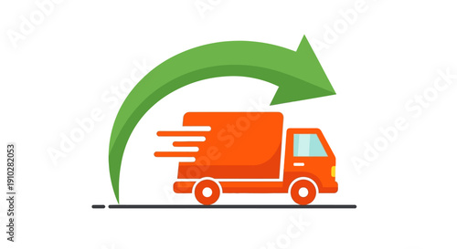 Fast delivery truck service icon with green arrow indicating quick shipping, reliable logistics, or return policy vector graphic