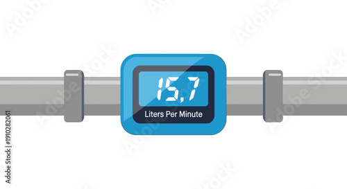 Digital flow meter measuring liquid volume rate in liters per minute through a pipeline. Industrial utility gauge illustration.