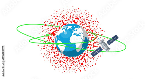 Space Debris Hazard Concept: Satellite Orbiting Earth Through a Cloud of Red Junk Particles Representing Orbital Pollution and Risk to Technology Infrastructure
