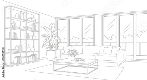 A detailed line art illustration of a modern living room with a sofa, coffee table, plant, and large windows.