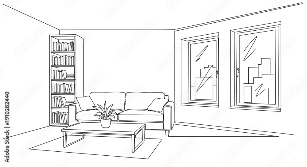Fototapeta premium Line drawing of a modern living room with sofa, coffee table, bookshelf, and city view windows.