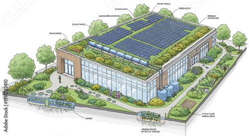 Architectural rendering of a sustainable building with green roof, solar panels, and surrounding eco-friendly landscape design.