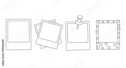 Simple line art of instant photo frames, some blank, one with a pin, one with hearts decoration.
