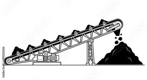 Black and white illustration of an industrial conveyor belt system moving coal or ore into a large pile for mining or construction.