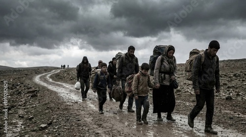 Refugee fleeing homeland in fear of harsh persecution concept. Refugees navigate a rugged path under dark stormy skies.
