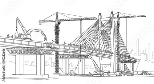 Detailed line drawing of a large cable-stayed bridge under construction with multiple cranes and heavy machinery.