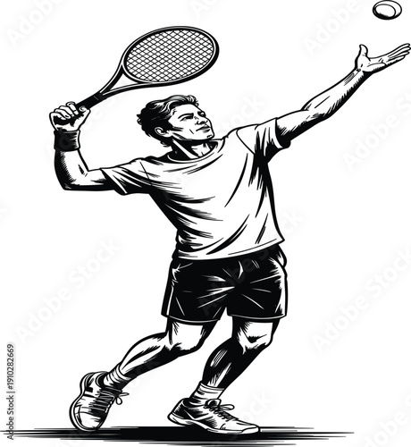 Tennis player serving ball action silhouette, athlete training motion match, sports competition active vector illustration