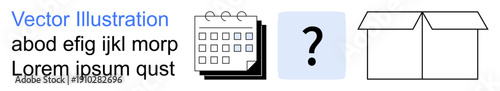 Planning, problem solving, organization, creativity, decision-making, time management. A calendar, a question mark and an open box icon in minimal style. Planning and problem solving concept