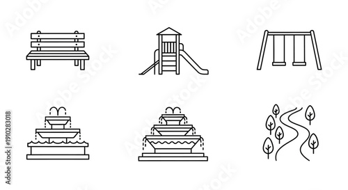 Set of minimalist line art icons depicting various park and outdoor recreational elements.