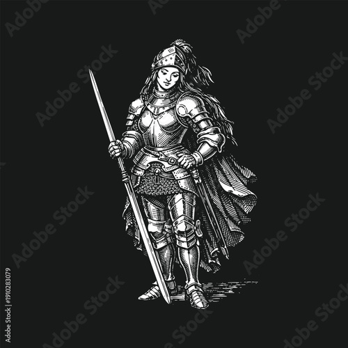 Noble Woman Warrior in Full Plate Armor with Longsword and Cape Illustration