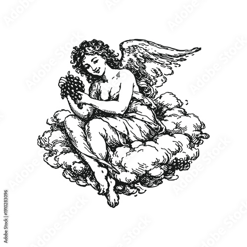 Winged Cherub Sitting on Clouds and Holding a Bunch of Grapes