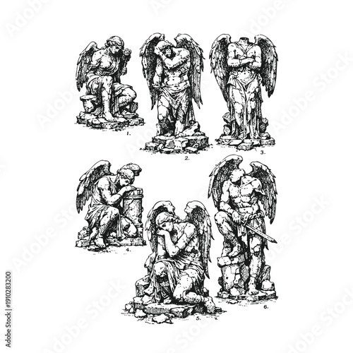 Collection of Six Weathered and Broken Mourning Angel Statues