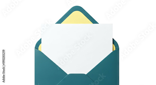 Teal and yellow envelope with blank white paper