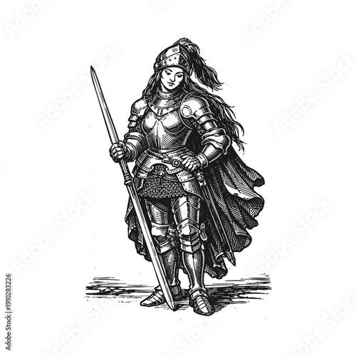 Female Knight in Full Plate Armor with Longsword and Flowing Cape