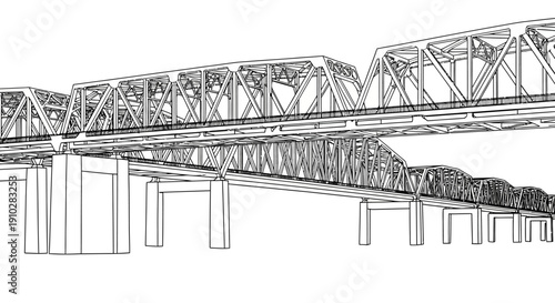 Detailed wireframe drawing of a large multi-span truss bridge with supporting piers, viewed from a low angle.