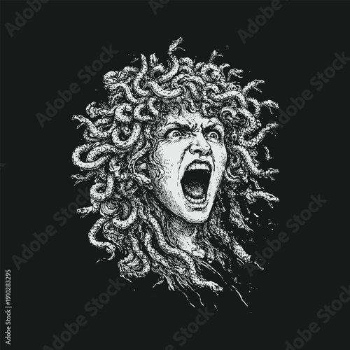 Vintage Medusa Gorgon Head Illustration - Mythological Greek Monster Engraving with Snake Hair and Screaming Expression