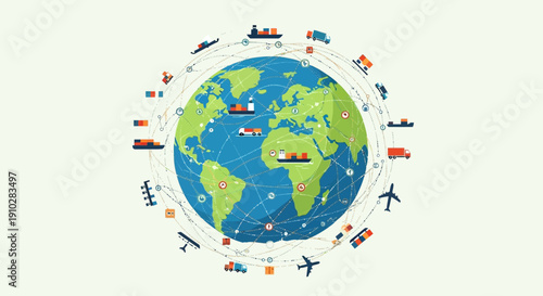 Global logistics and supply chain network with various transport modes circulating around the world.
