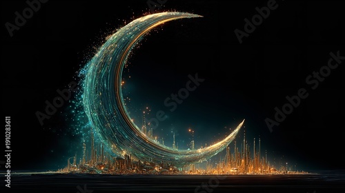 Crescent moon shape formed by glowing digital city lights structure