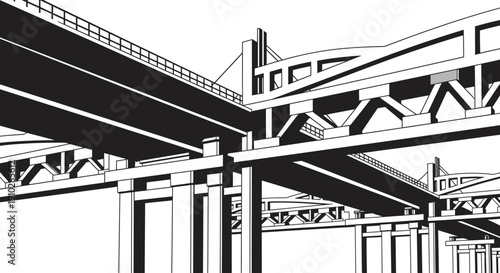 Detailed black and white graphic illustration of a multi-level highway bridge and overpass system with complex structural elements.