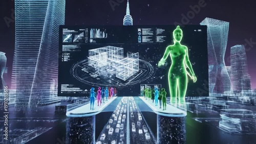 Wallpaper Mural Holographic Cityscape With Futuristic Data Displays And Traffic Flow At Night Torontodigital.ca