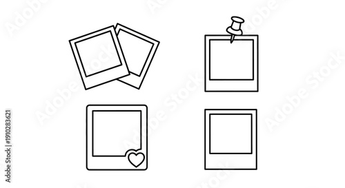 Set of four minimalist line art instant photo frame icons, depicting various styles like overlapping, pinned, and with a heart.