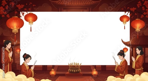 PowerPoint slides for Chinese New Year or Lunar New Year celebrations, featuring temples, lanterns, and incense-burning rituals. 