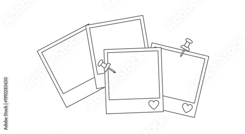 Line art illustration of multiple blank polaroid photo frames with pushpins and heart icons, overlapping on a white background.