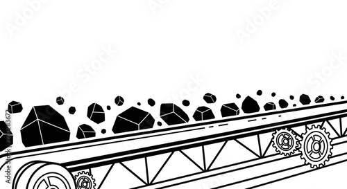 Black and white line drawing of a conveyor belt system transporting coal or ore with visible gears and industrial machinery.