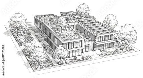 Architectural sketch of a modern building with green roofs, solar panels, and surrounding landscaping.