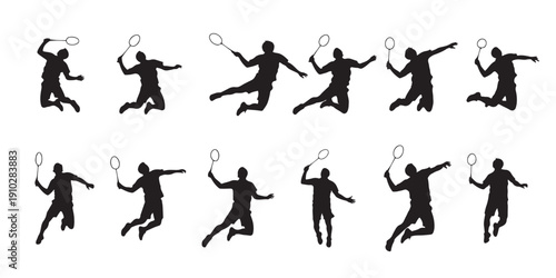 Black silhouettes of badminton players lunging and wielding rackets.