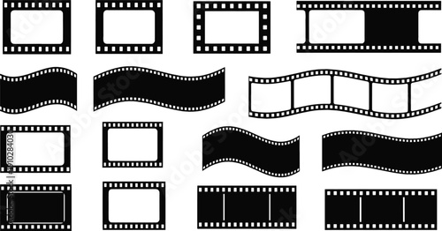 Flat vector illustration of cinematic film strips, curved and straight formats, photography frames, movie reel design, retro media graphic elements