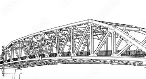 Detailed wireframe rendering of a large steel truss bridge structure.