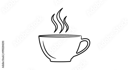 A simple black and white line art drawing of a steaming hot cup, perfect for coffee, tea, or any warm beverage.