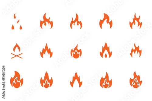 Fire flame icon set. Abstract red and orange gradient flames vector collection for UI, UX, Web, Mobile app design. Vector fire flame icon set with burning wheat wreath symbols for heat danger and logo