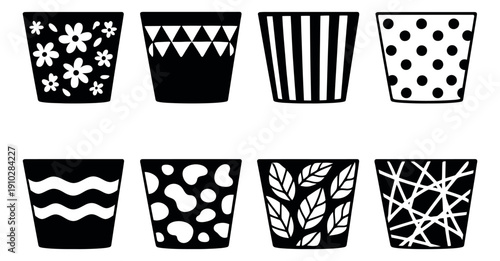 Modern graphic pot set featuring diverse patterns for home decor and gardening designs
