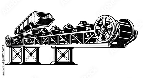 Industrial conveyor belt system moving bulk materials, black and white illustration.