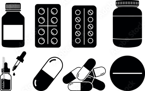 Medical pharmacy silhouette set with pills capsules and medicine bottles